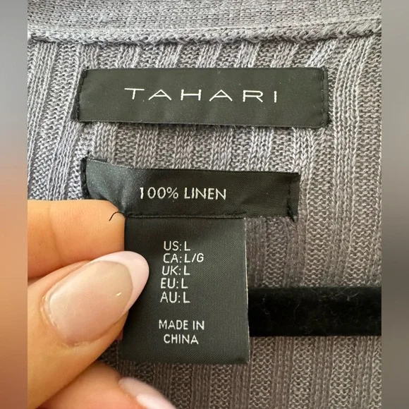 Tahari Linen Long Line Ribbed Duster Cardigan in Blue. Size L. LIKE NEW. - Picture 3 of 3